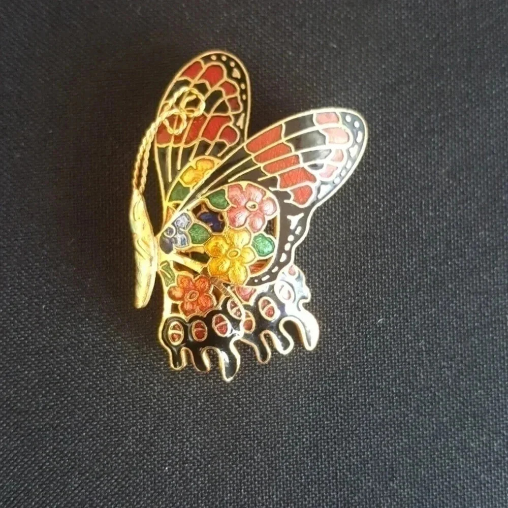 Vintage  colorful inlay butterfly scarf brooch pin
